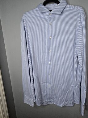 Murano XL Slim Fit Performance Dress Shirt Blue White Stripe Stretch Button Up